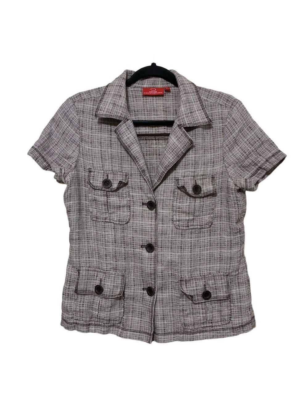 Oscar De La Renta Linen Plaid Blazer Women’s 10 Brown Short Sleeve Button Front